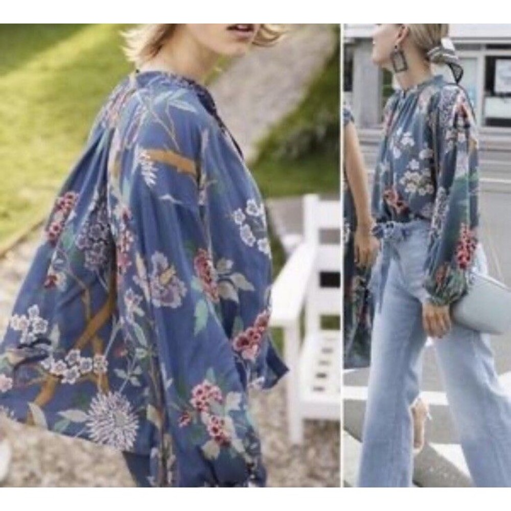H&M x GP & J Baker Floral Bird Botanical Blouse‎ Blue Boho Cottagecore Size 36